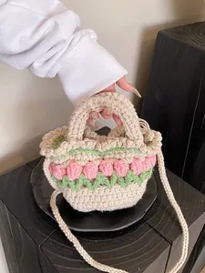Borsa a Mano in Uncinetto con Tulipani Fatti a Mano per Donna Bambini Mini Borsa a Tracolla Vacanza al Mare in Lana