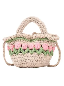 Borsa a tracolla fatta a mano all'uncinetto con tulipani in cotone color kaki
