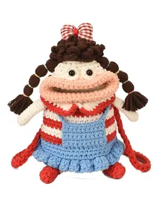 Handmade crochet character crossbody bag with cute braids and blue dress for girls