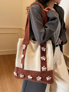 Sac Fourre-tout en Tricot à Fleurs de Style Coréen Femme Tissé à la Main Couleur Contrastée 3D Floral Sac à Bandoulière Grande Capacité