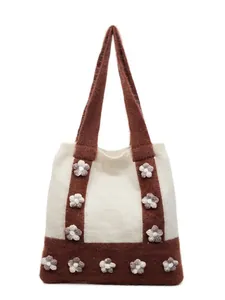 Sac cabas en tricot avec fleurs au crochet 3D et bandoulières marron contrastantes