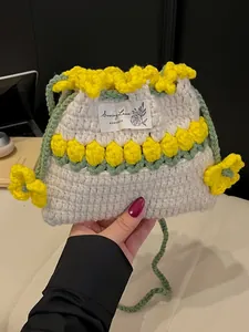 Bolso de Hombro con Cordón de Ganchillo Hecho a Mano Tulipán Pastoral Floral de Punto Bombonera Mujer Ligero Bandolera Playa