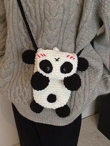 Handmade Crochet Panda Crossbody Bag Wool Knitted Animal Shape Mini Shoulder Phone Pouch For Women Kids Cartoon Doll Bag