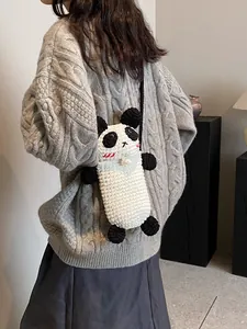 Cute crochet panda shoulder bag for women and kids with 3D ears and black strap