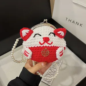 Handmade Crochet Fortune Cat Lion Dance Mini Crossbody Bag Faux Artificial Pearl Strap Knitted Shell Bag Women Girls Cute Gift