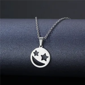 Titanium steel smiley face pendant necklace with hollow star eyes on a silver O-chain