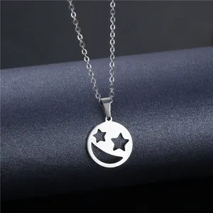 Smiling face titanium steel necklace with star-shaped eyes on a round hollow pendant