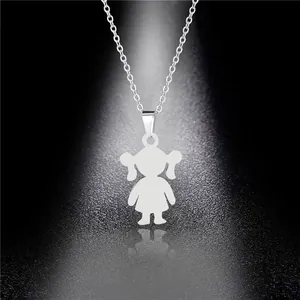 Polished stainless steel necklace featuring a cute cartoon girl silhouette pendant