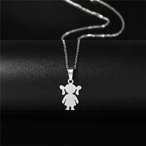 Stainless Steel Cute Girl Boy Silhouette Pendant Necklace For Women Kids Minimalist Family Series Jewelry Polishing Cross Chain Gift