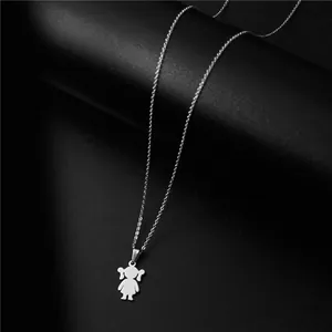 Minimalist stainless steel necklace featuring a cute girl silhouette pendant on black background