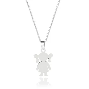 Polished stainless steel necklace featuring a cute girl silhouette pendant on white background