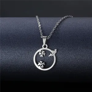 Silver four-leaf clover pendant necklace in stainless steel with a round cutout design