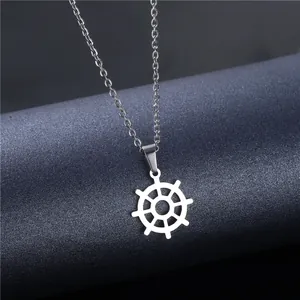 Minimalist silver stainless steel nautical ship wheel pendant necklace for men and women