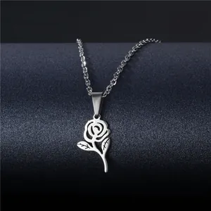 Minimalist hollow rose pendant necklace in polished stainless steel for women