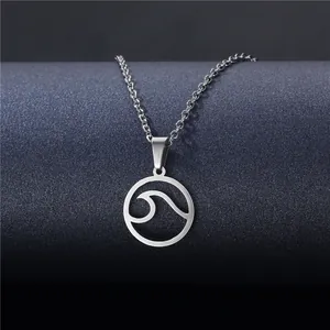 Minimalist silver wave pendant necklace with stainless steel chain for beach wear