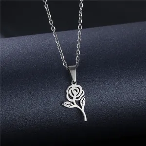 Minimalist silver stainless steel necklace featuring a hollow rose pendant on a chain