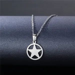 Polished stainless steel necklace featuring a hollow round pendant with a five-point star