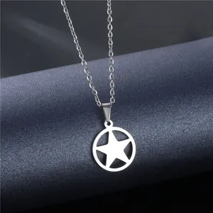 Minimalist silver stainless steel necklace with a hollow star in circle pendant on a stand