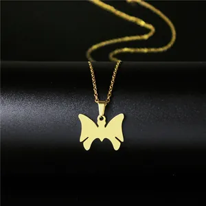 Polished gold stainless steel butterfly pendant necklace on minimalist link chain