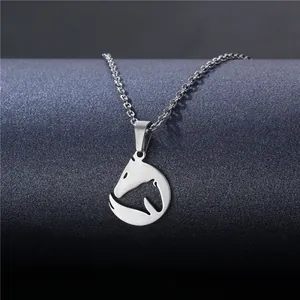 Minimalist hollow horse head pendant necklace in polished stainless steel with fine chain