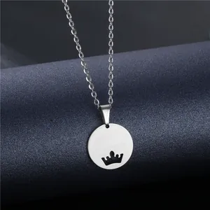 Minimalist silver titanium steel necklace with a hollow crown round pendant design