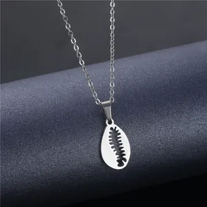Elegant silver shell pendant necklace made of high-quality stainless steel on a display stand
