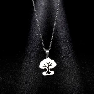 Minimalist Stainless Steel Tree Of Life Pendant Necklace For Women Simple Geometric Hollow Design Clavicle Link Chain Jewelry Silver Tone