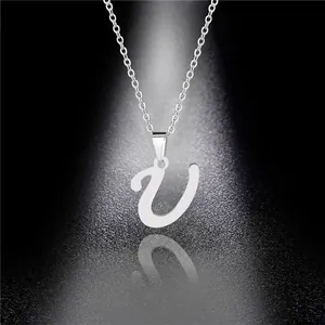 Elegant stainless steel necklace with cursive letter V pendant in silver finish
