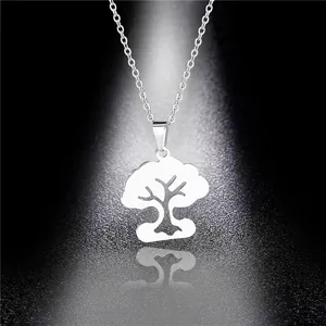 Minimalist silver stainless steel necklace featuring a hollow geometric tree pendant