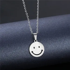 Minimalist silver smiley face pendant necklace with polished stainless steel O-chain