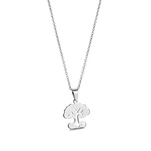Minimalist silver stainless steel tree of life pendant necklace for women on white background