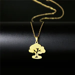 Golden Tree of Life pendant necklace with brushed metal finish on a black background