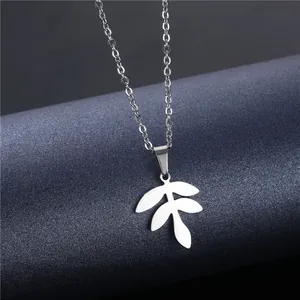 Minimalist silver stainless steel necklace featuring leaf pendant on o-chain for women