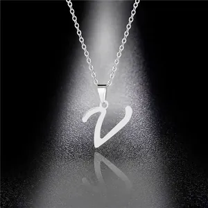 Sleek silver stainless steel necklace featuring a script letter V pendant on a link chain