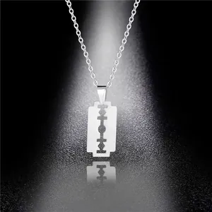 Hip hop style silver stainless steel razor blade pendant necklace with polished finish