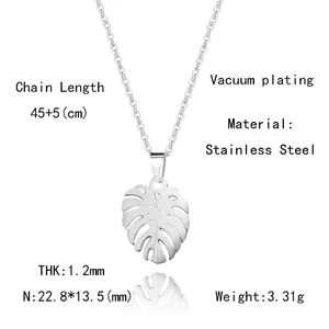 Detail of silver leaf pendant necklace showing vacuum plating and stainless steel specs