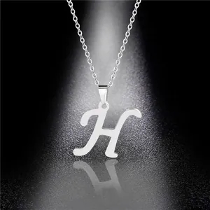 Polished silver stainless steel necklace with decorative cursive letter H pendant