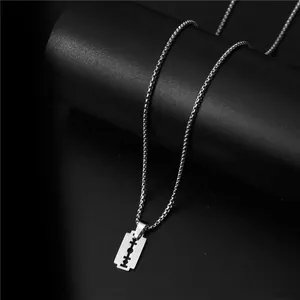 Hip hop stainless steel razor blade pendant necklace with polished silver box chain