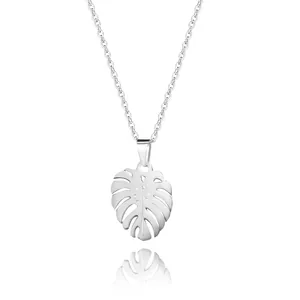 Minimalist silver stainless steel monstera leaf necklace with hollowed leaf pendant