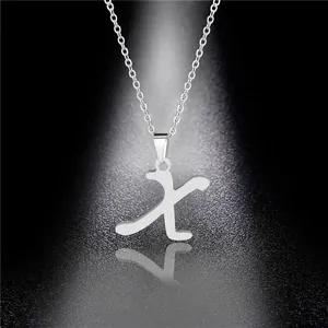 Polished silver stainless steel necklace with flowing cursive letter K pendant