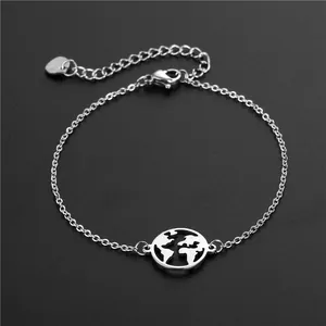 Bracelet en acier inoxydable argenté S925 avec un pendentif carte du monde évidé