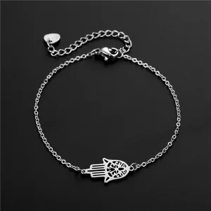 Bracelet main de Fatma en acier inoxydable argenté avec chaîne de réglage cœur