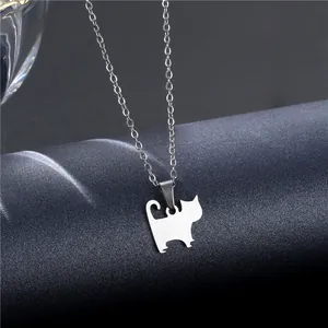 Cute stainless steel kitten silhouette pendant necklace with a polished mirror finish for women