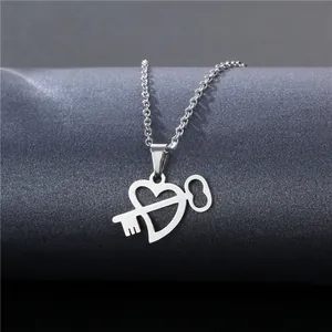 Minimalist silver stainless steel hollow heart key pendant necklace for women