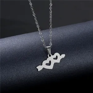 Elegant silver necklace featuring cupid arrow through double hearts on black display