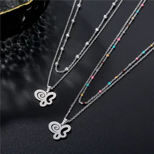 Double-layered stainless steel necklace featuring silver butterfly pendants and colorful beads