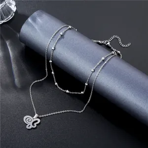 Silver double layer necklace with butterfly pendant and small beads on stainless steel chain
