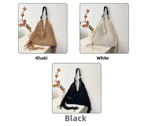 Detail of hand-woven hollow fringe tote bags in khaki, white, and black with leather straps