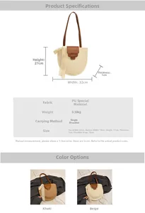 Vue détaillée du grand sac bandoulière en coton tissé avec dimensions et fermeture en cuir