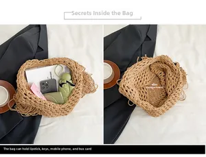 Macro detail of khaki woven tote bag showing spacious main pocket and fringe texture
